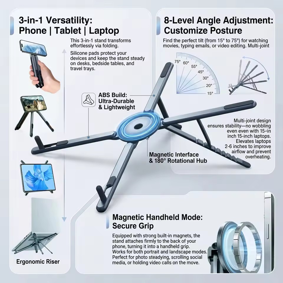 Laptop Ergonomic Accessories - Penyangga Ponsel Magnetik Portabel & Tongkat